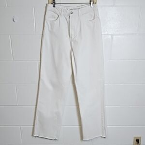 Cotton DenimJeans Wide Straight Leg Raw Hem High Waist